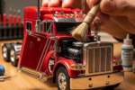 Colecionador utilizando pincel de cerdas macias para limpar miniatura de caminhão diecast vermelho sobre mesa de madeira