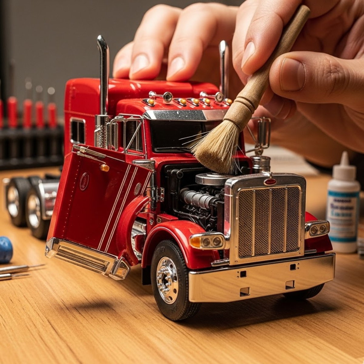 Colecionador utilizando pincel de cerdas macias para limpar miniatura de caminhão diecast vermelho sobre mesa de madeira