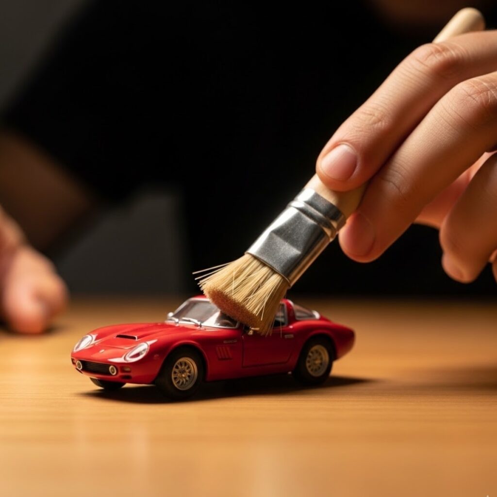 Expositor organizado com miniaturas de máquinas agrícolas e caminhões, destacando a organização por tamanho e escala na Drive Collection
