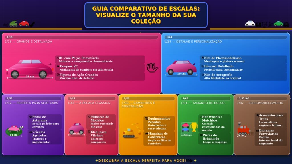Guia comparativo de escalas de miniaturas: 1/16, 1/24, 1/32, 1/43, 1/50, 1/64 e 1/87 HO — tamanhos, usos e exemplos como Hot Wheels, die-cast, slot cars e ferromodelismo